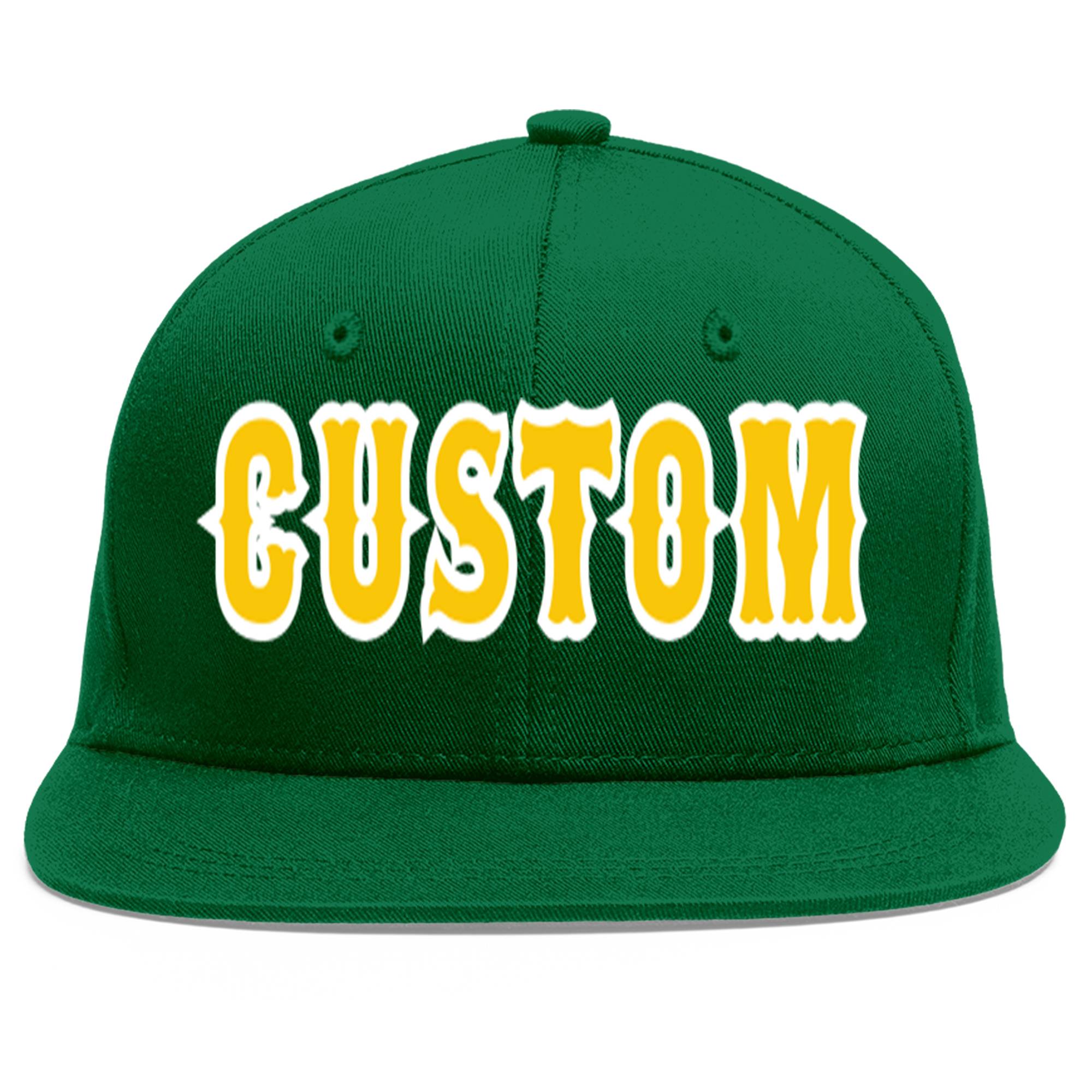 Casquette de baseball sport personnalisée vert or-blanc plat Eaves