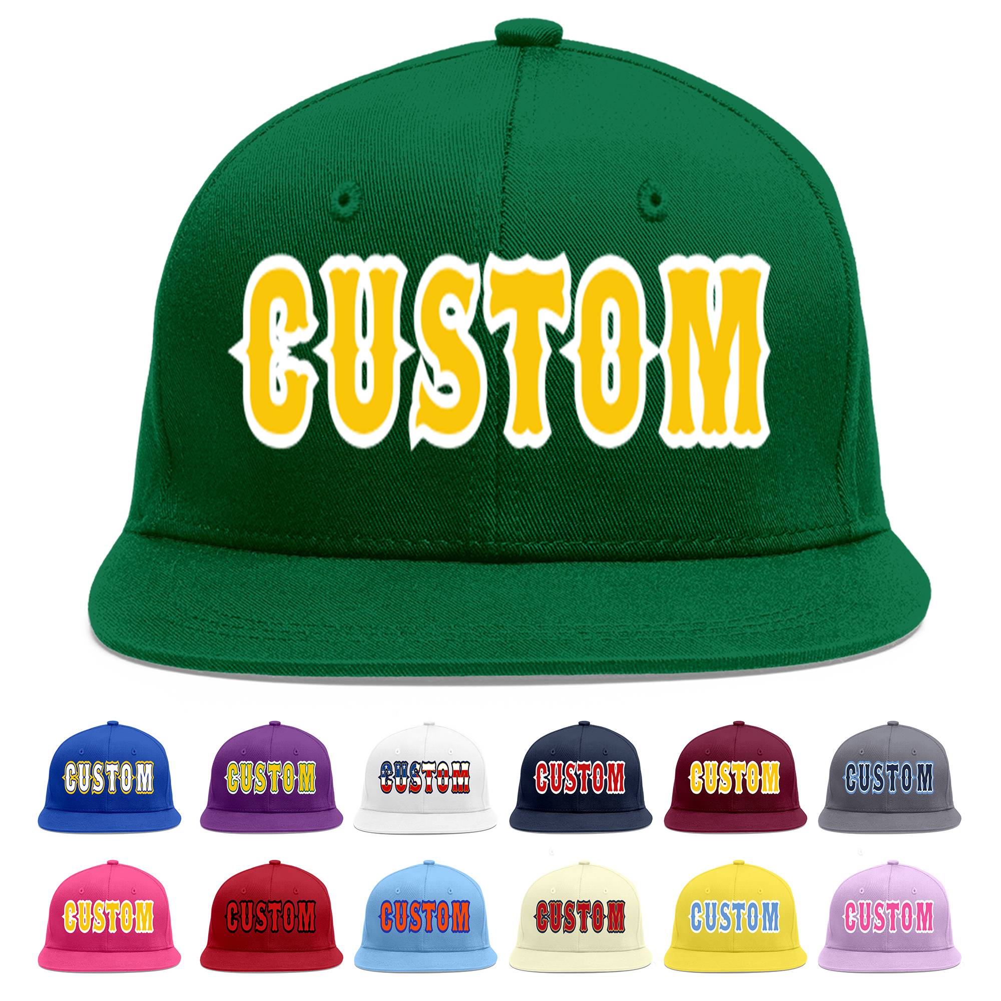 Custom Green Gold-White Flat Eaves Sport Baseball Cap