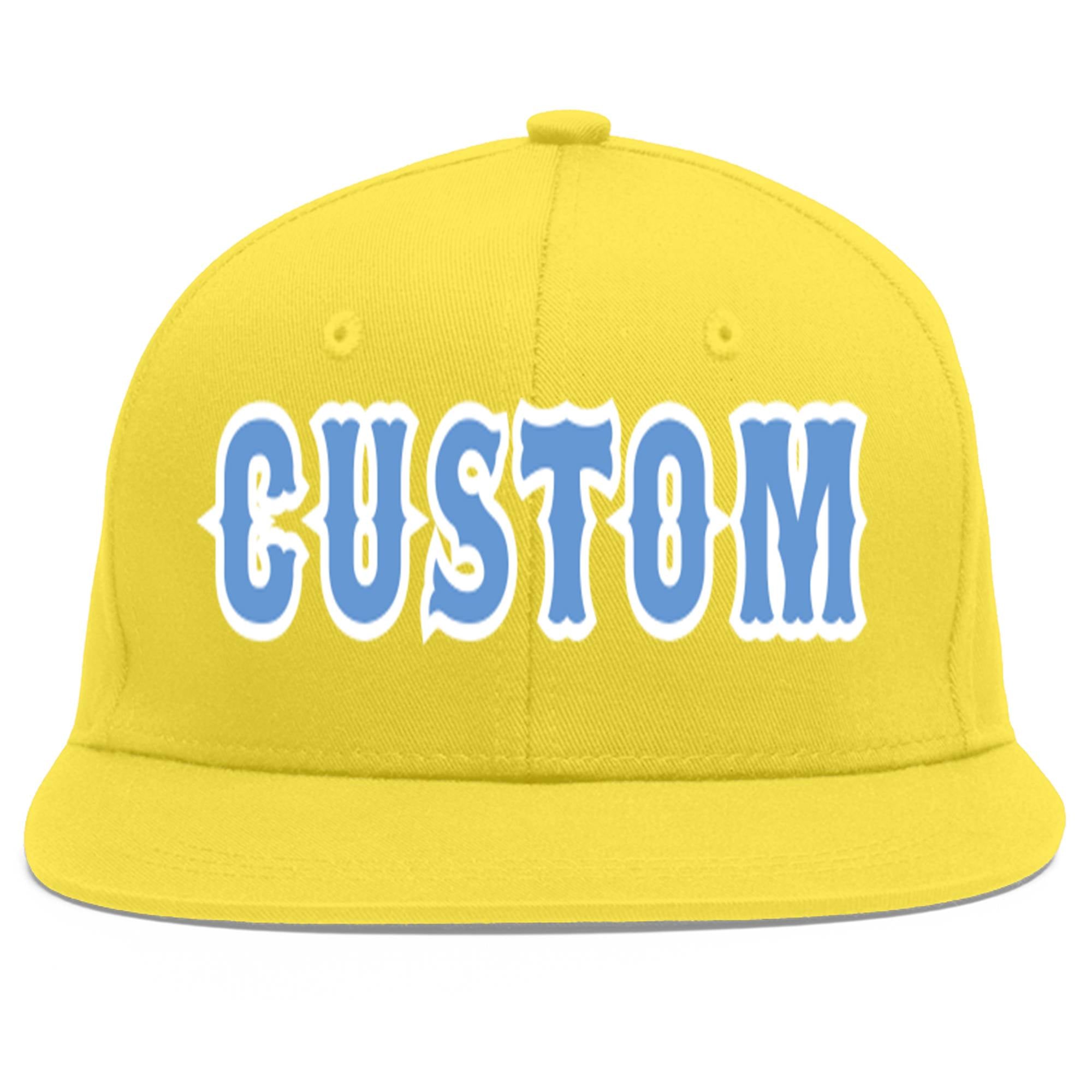 Custom Light Gold Light Blue-White Flat Eaves Sport Baseball Cap