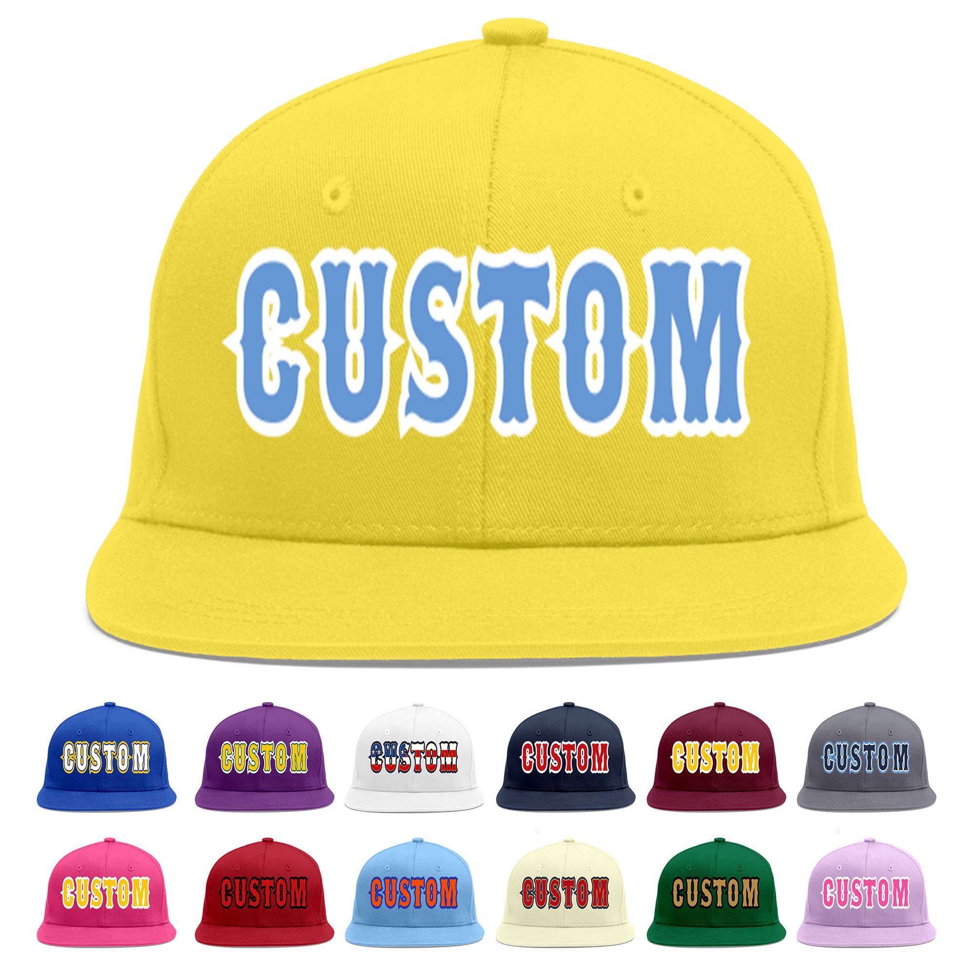 Custom Light Gold Light Blue-White Flat Eaves Sport Baseball Cap