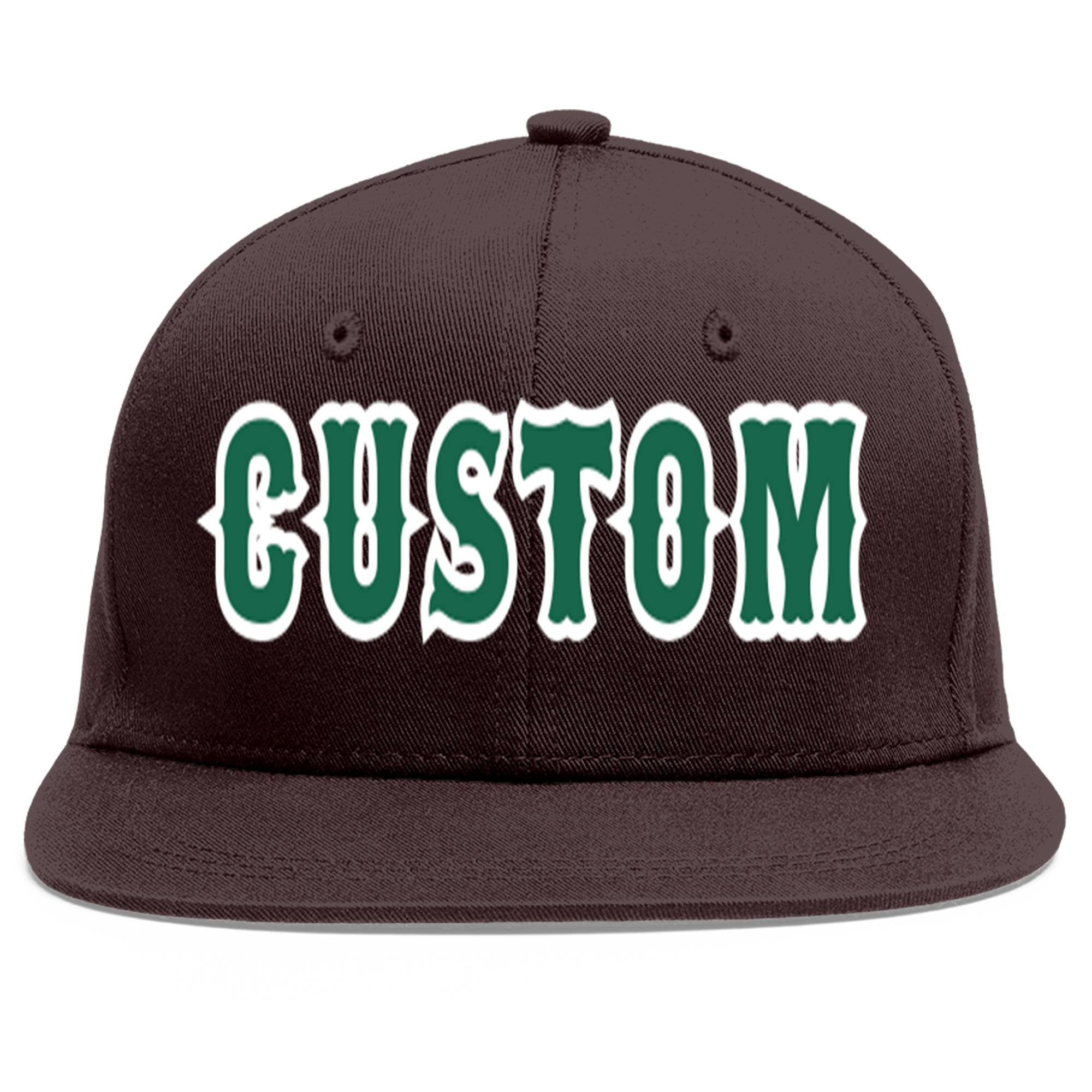 Custom Brown Kelly Green-White Flat Eaves Sport Baseball Cap