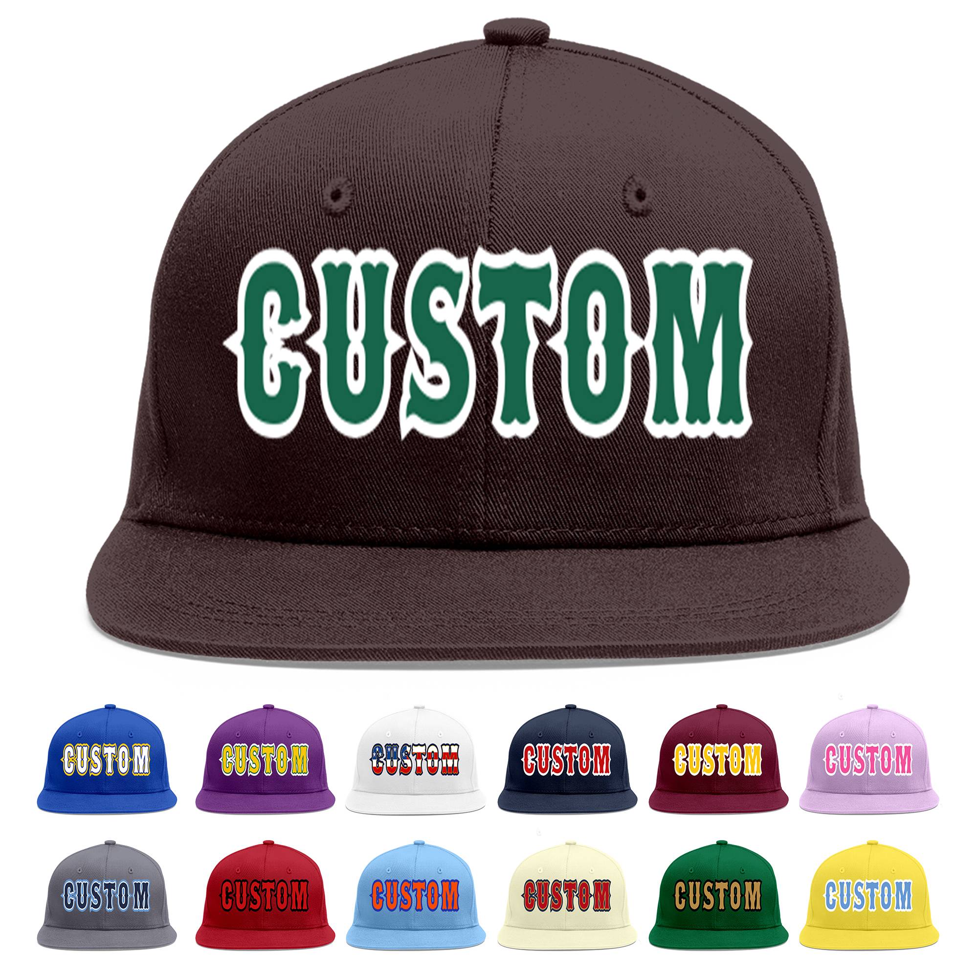 Custom Brown Kelly Green-White Flat Eaves Sport Baseball Cap