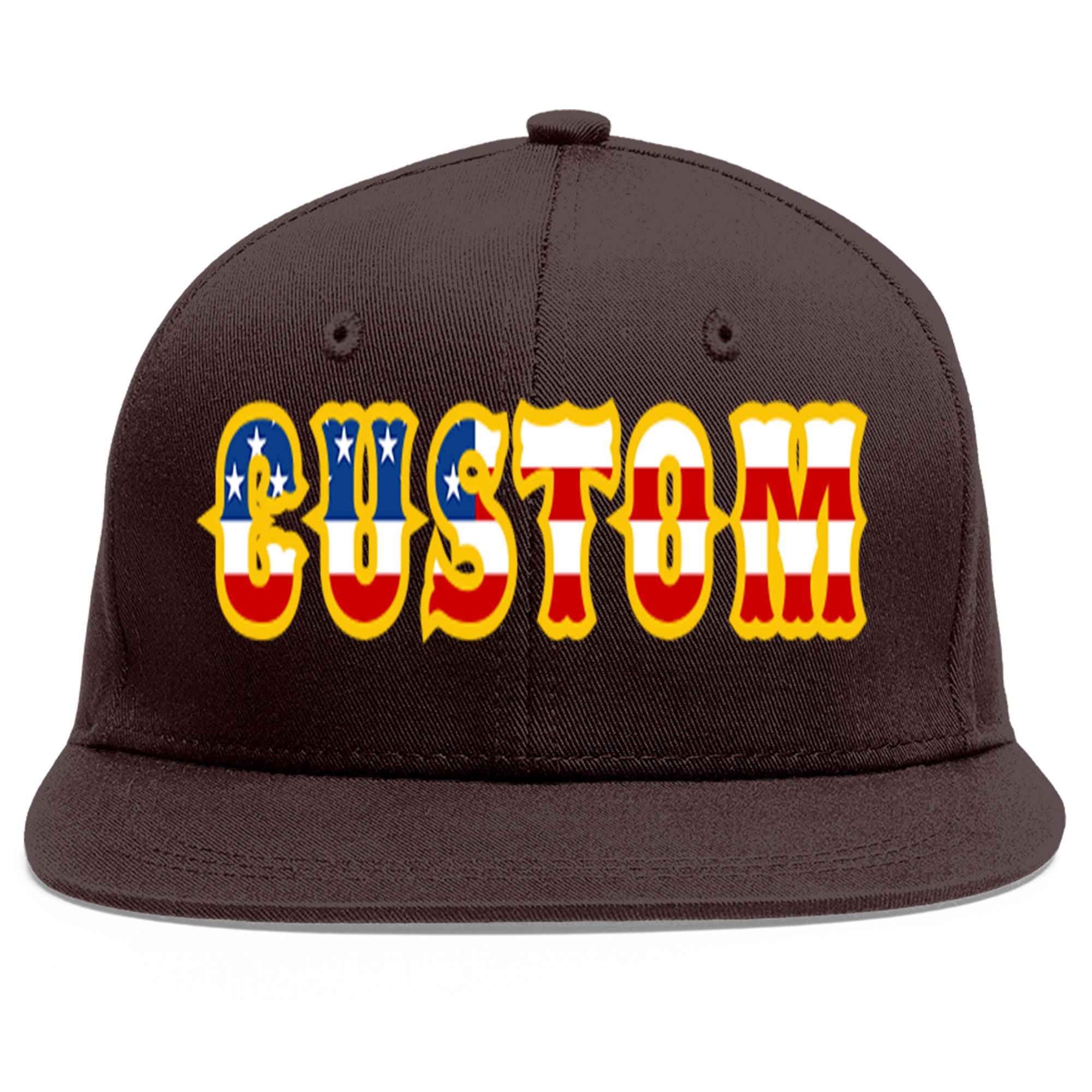 Custom Brown Vintage USA Flag-Gold Flat Eaves Sport Baseball Cap