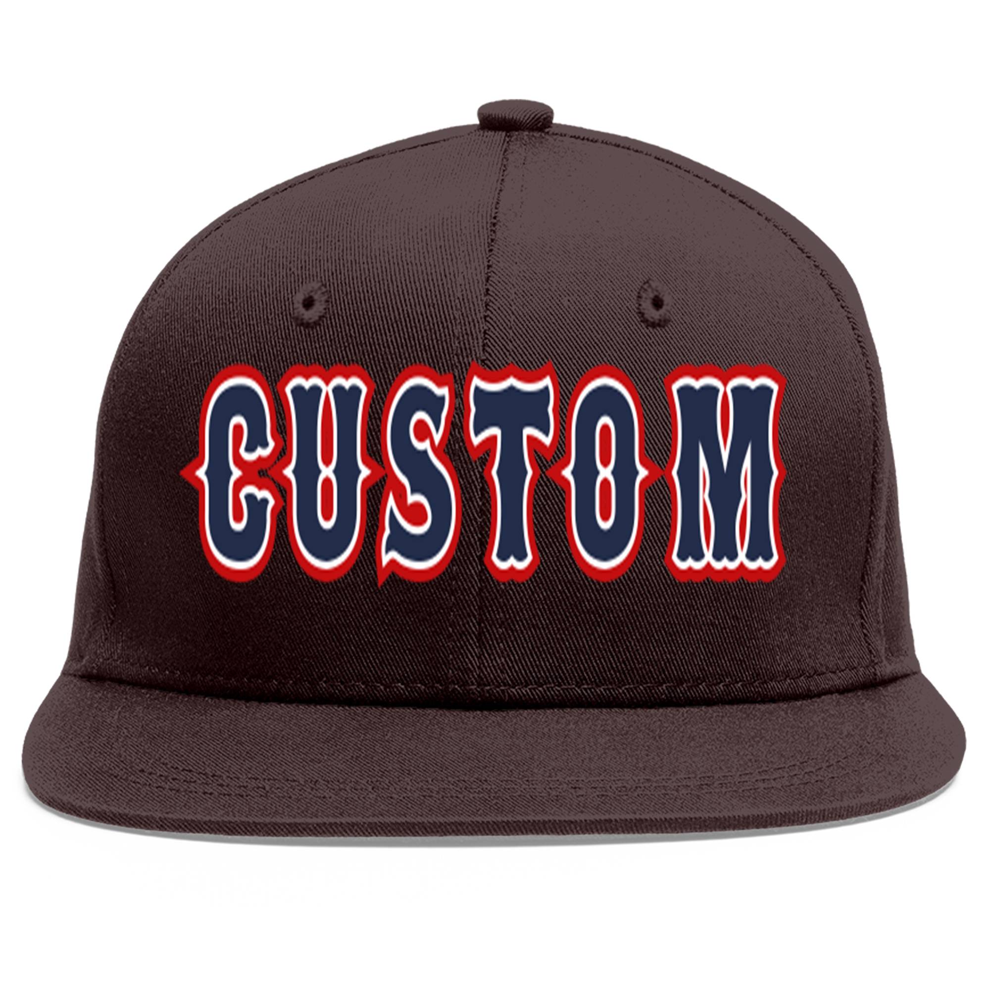 Custom Brown Navy-White Flat Eaves Sport Baseball Cap