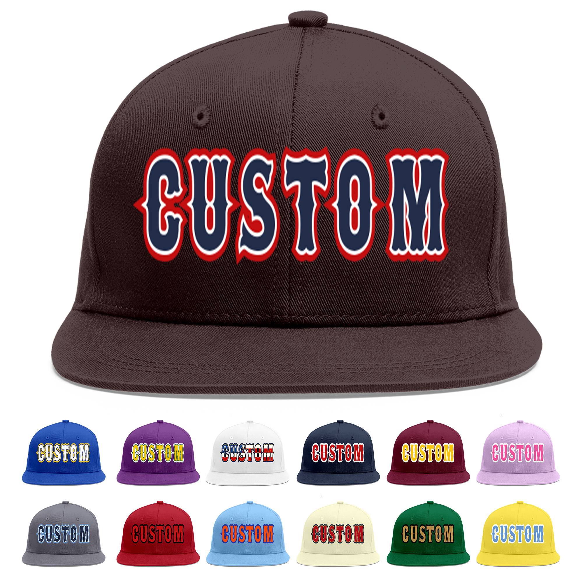 Custom Brown Navy-White Flat Eaves Sport Baseball Cap