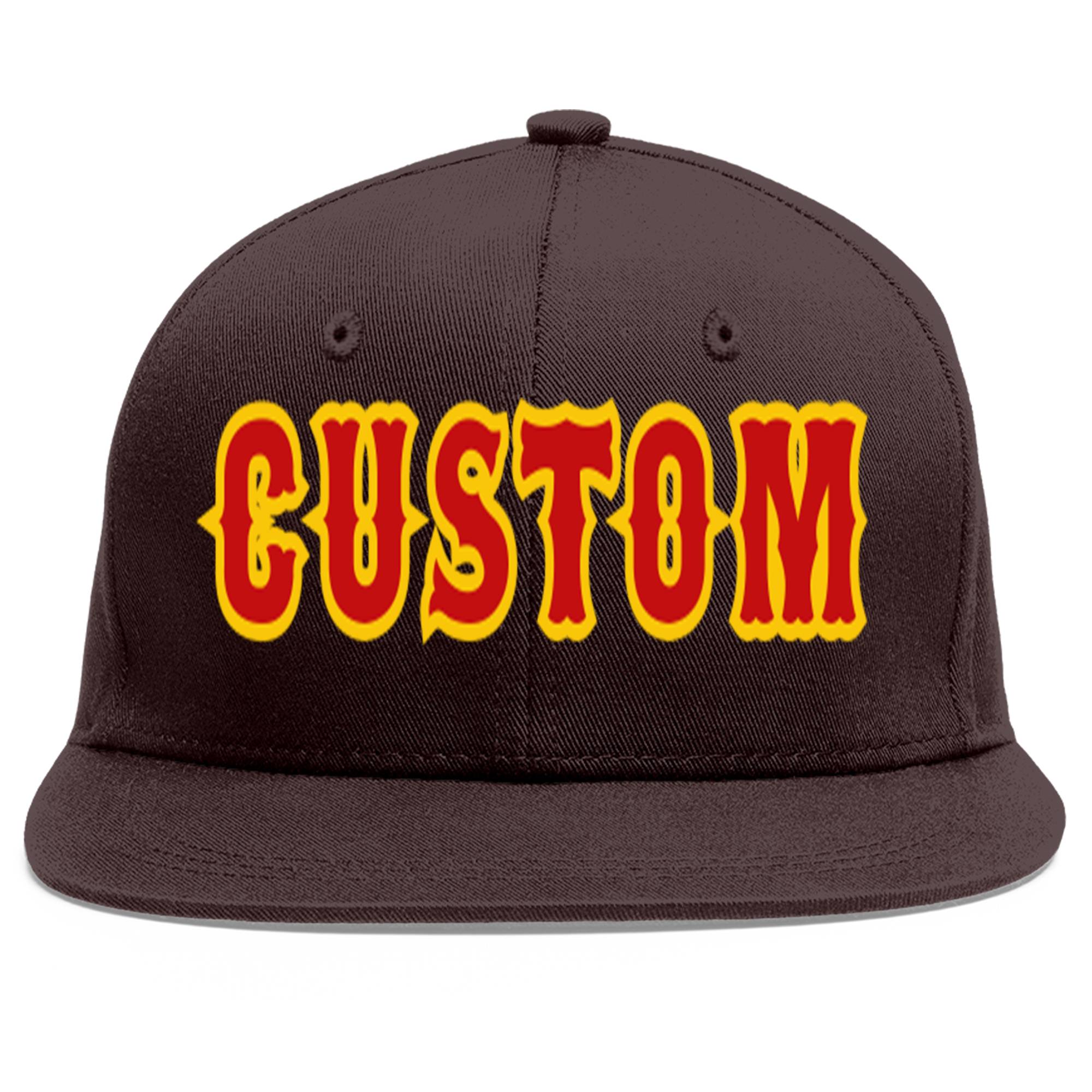 Casquette de baseball sport personnalisée marron rouge-jaune à avant-toit plat