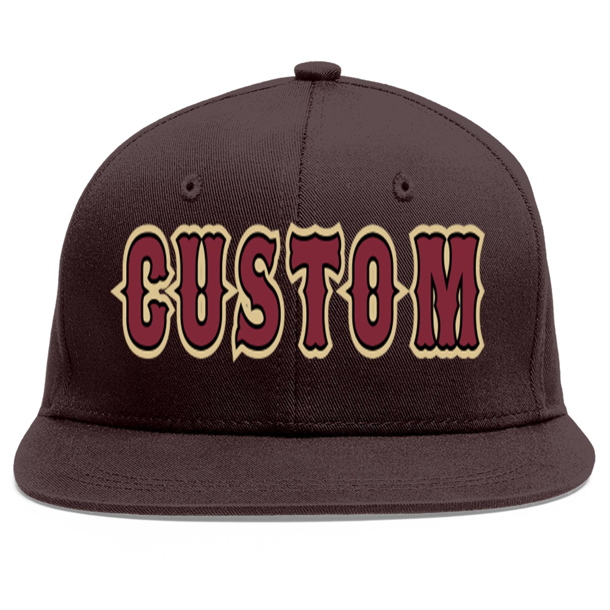 Custom Brown Crimson-Black Flat Eaves Sport Baseball Cap