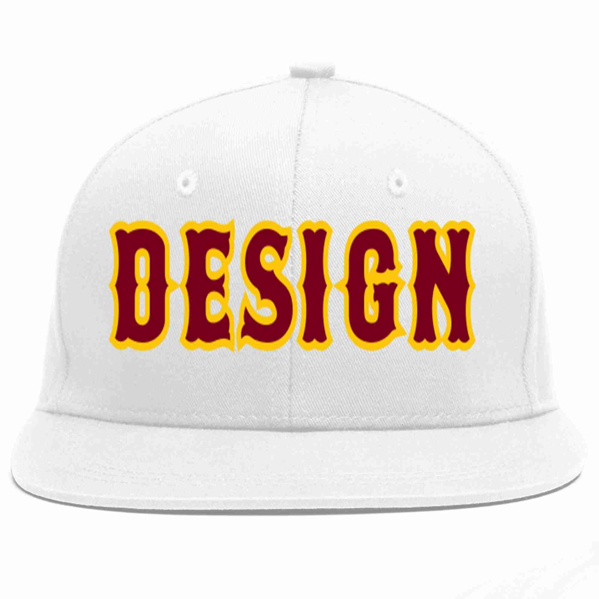 Custom White Crimson-Gold Flat Eaves Sport Baseball Cap Design for Men/Women/Youth