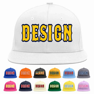 Custom White Gold-Navy Flat Eaves Sport Baseball Cap Design for Men/Women/Youth