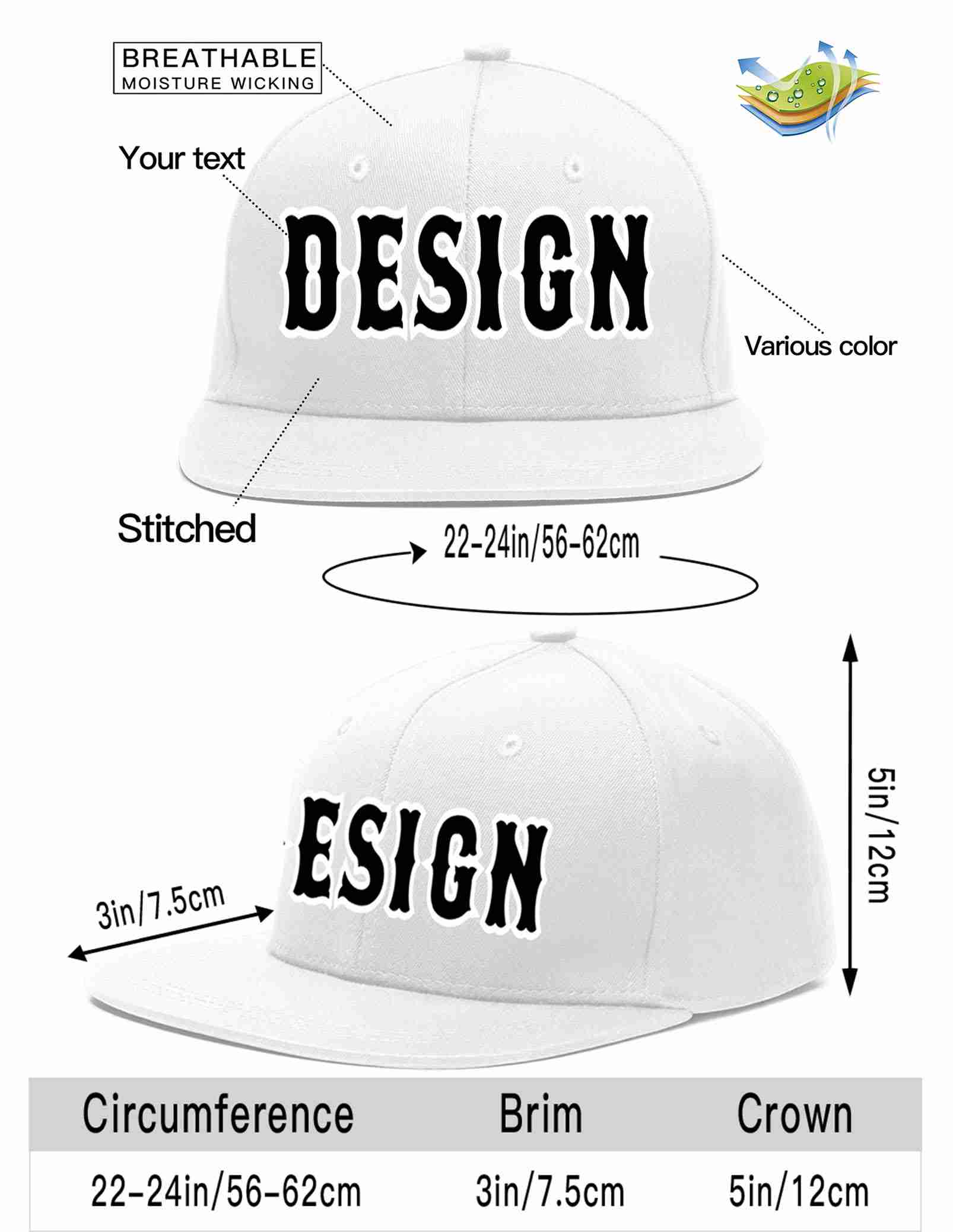 Custom White Black-White Flat Eaves Sport Baseball Cap Design for Men/Women/Youth