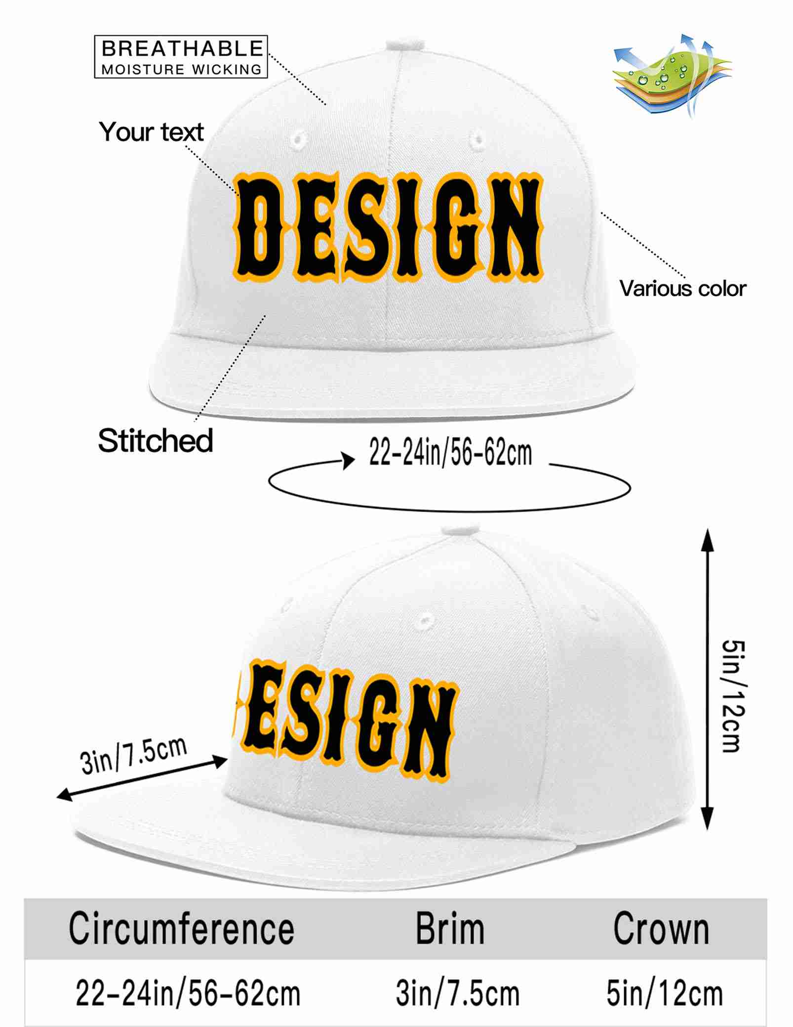 Conception personnalisée de casquette de baseball de sport à avant-toit plat blanc noir-jaune pour hommes/femmes/jeunes