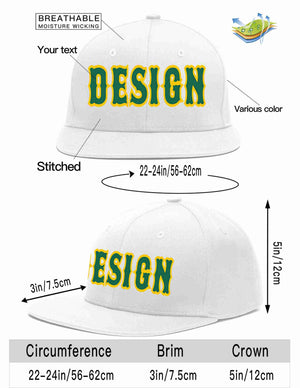 Custom White Kelly Green-Gold Flat Eaves Sport Baseball Cap Design for Men/Women/Youth