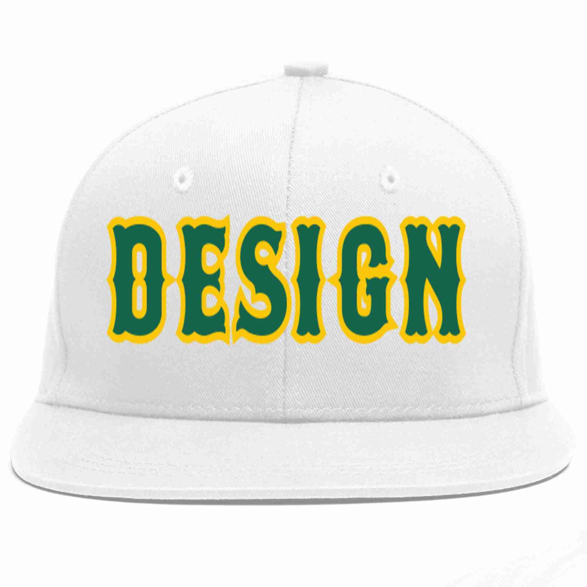 Custom White Kelly Green-Gold Flat Eaves Sport Baseball Cap Design for Men/Women/Youth