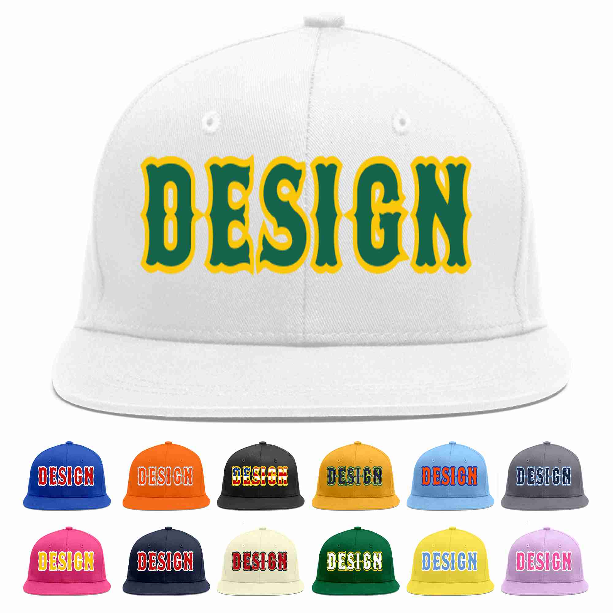 Custom White Kelly Green-Gold Flat Eaves Sport Baseball Cap Design for Men/Women/Youth