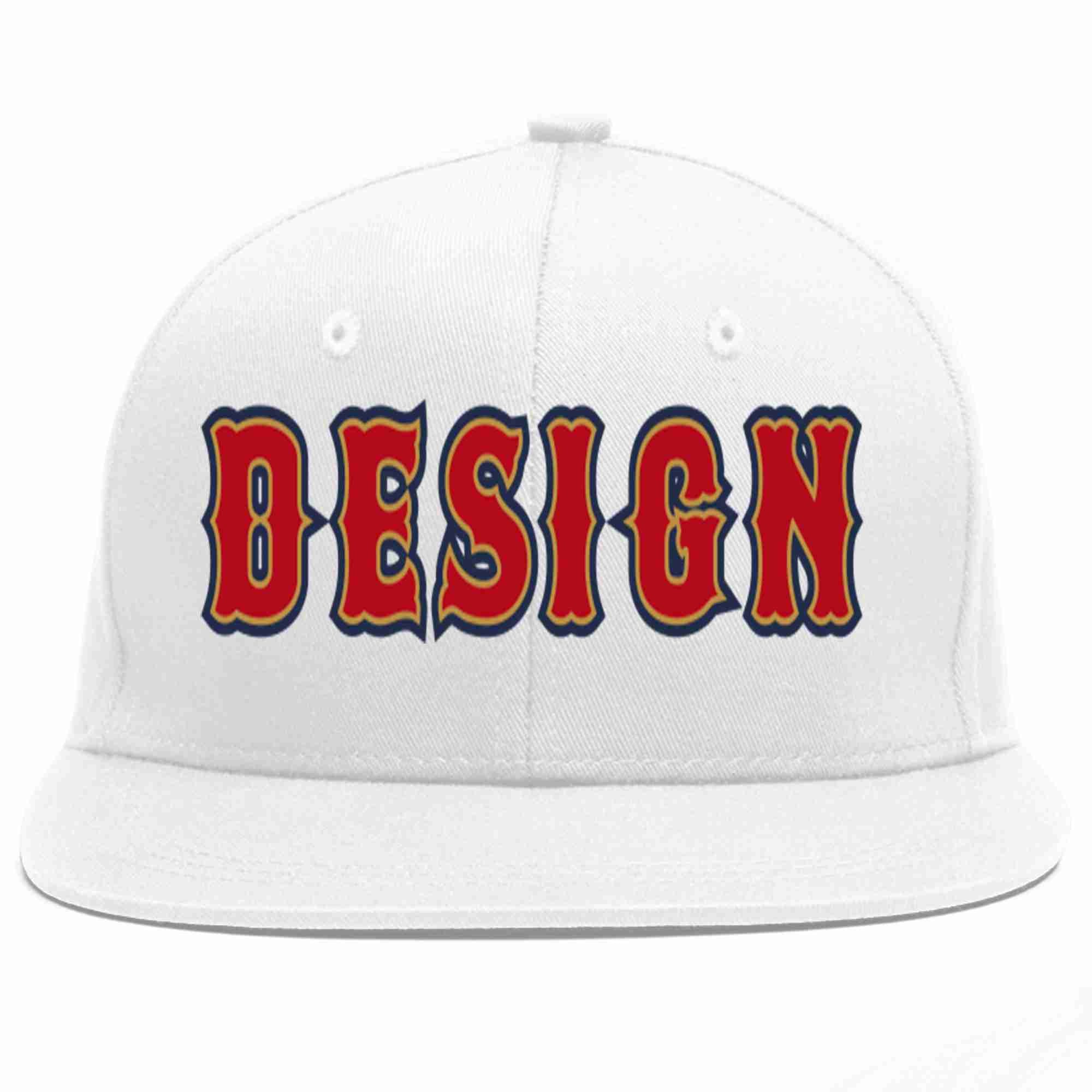 Custom White Red-Old Gold Flat Eaves Sport Baseball Cap Design for Men/Women/Youth