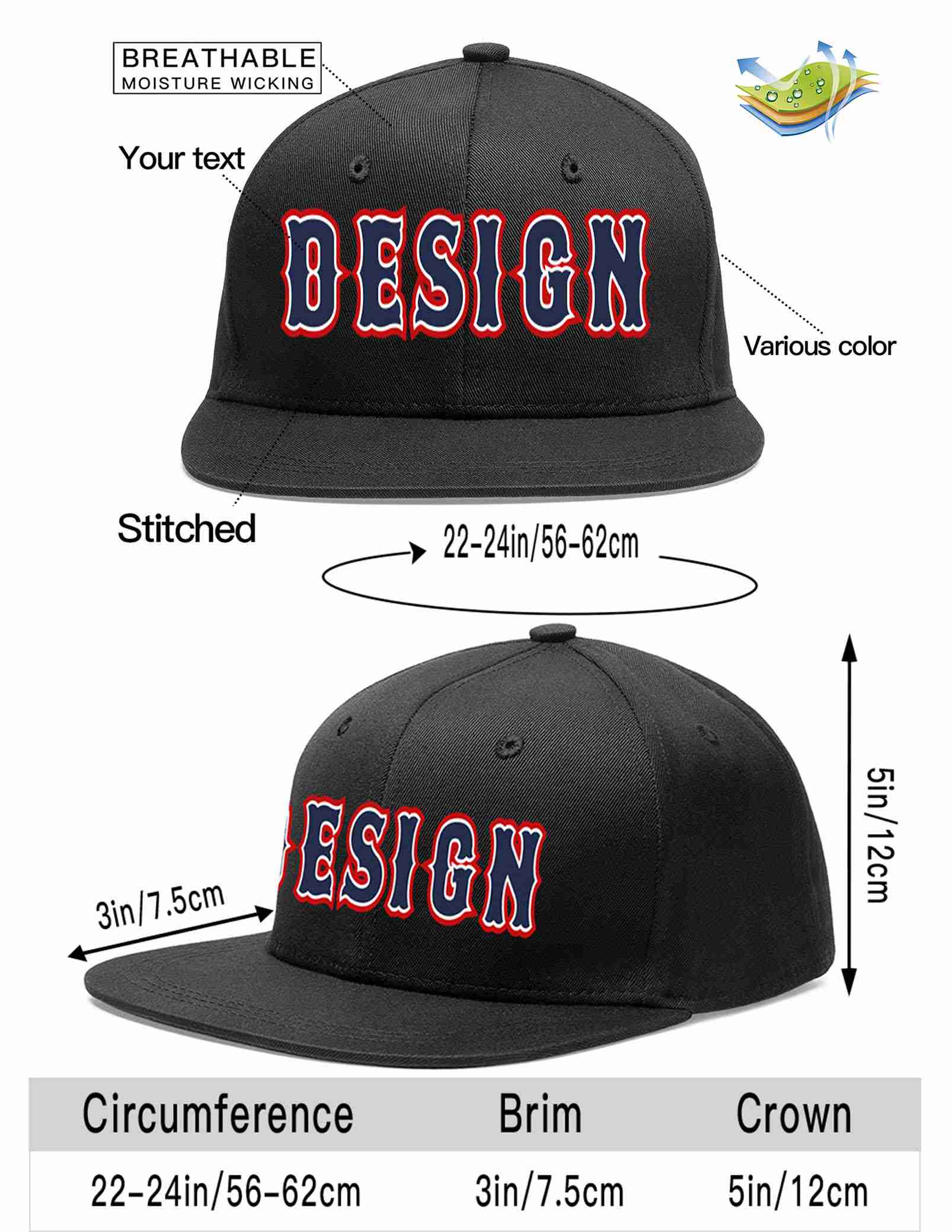 Custom Black Navy-White Flat Eaves Sport Baseball Cap Design for Men/Women/Youth