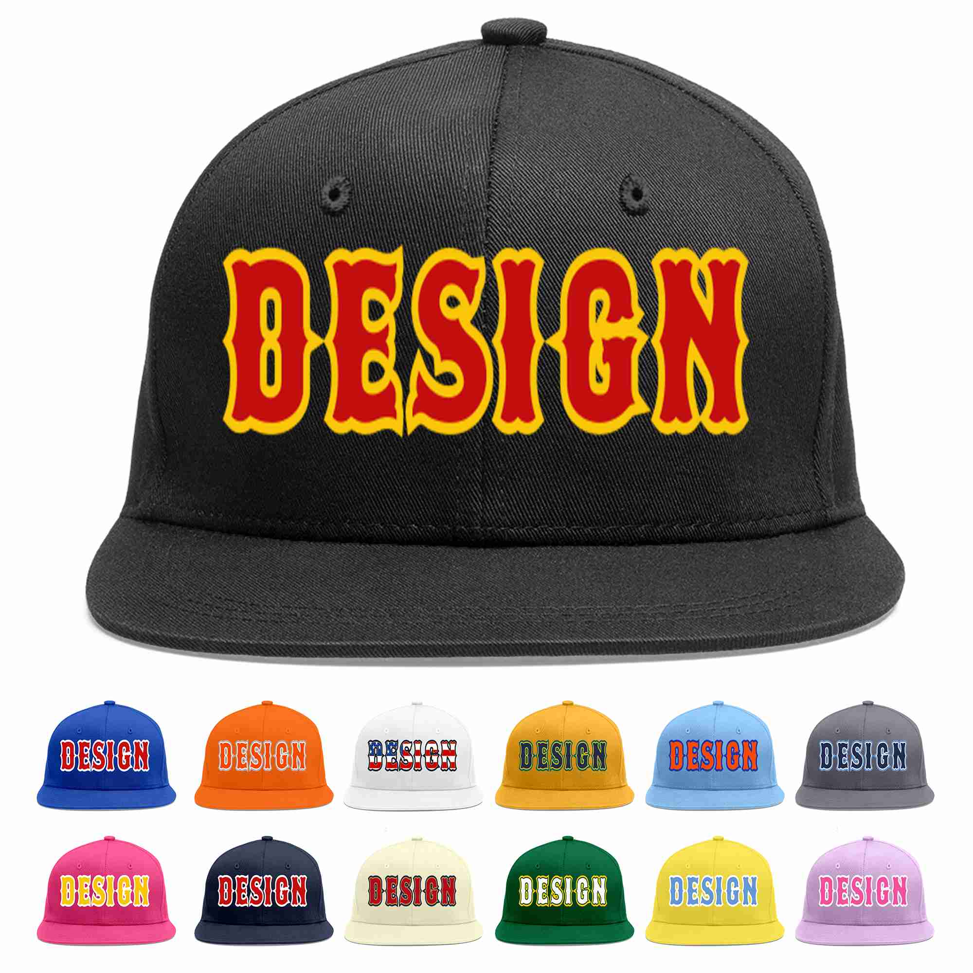 Custom Black Red-Yellow Flat Eaves Sport Baseball Cap Design for Men/Women/Youth