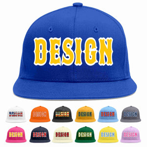 Custom Royal Gold-White Flat Eaves Sport Baseball Cap Design for Men/Women/Youth