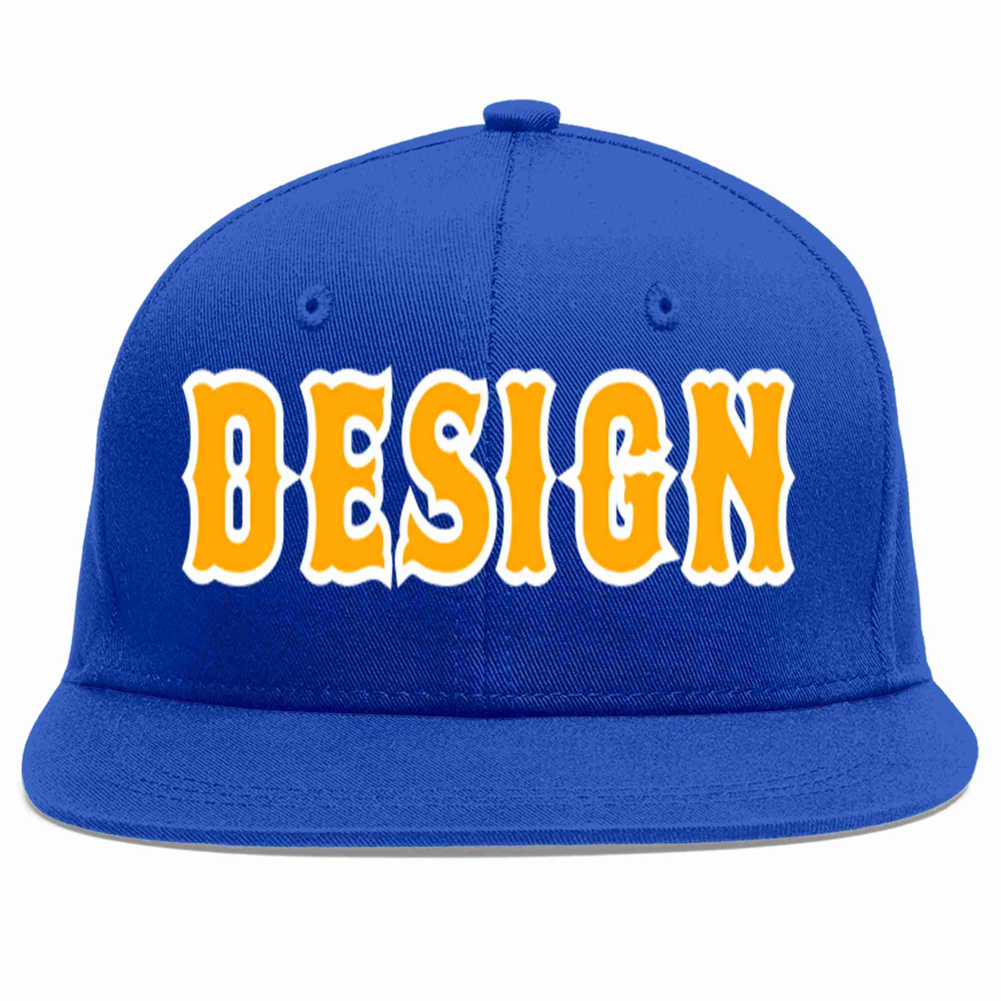 Conception personnalisée de casquette de baseball de sport à avant-toit plat jaune-blanc royal pour hommes/femmes/jeunes