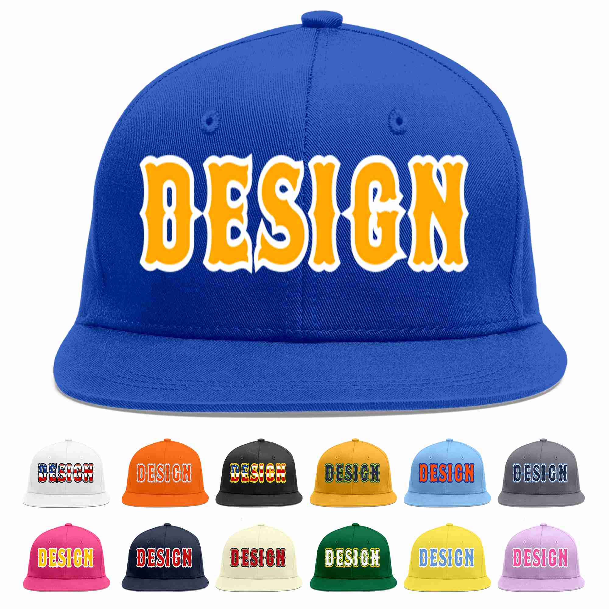 Custom Royal Yellow-White Flat Eaves Sport Baseball Cap Design for Men/Women/Youth