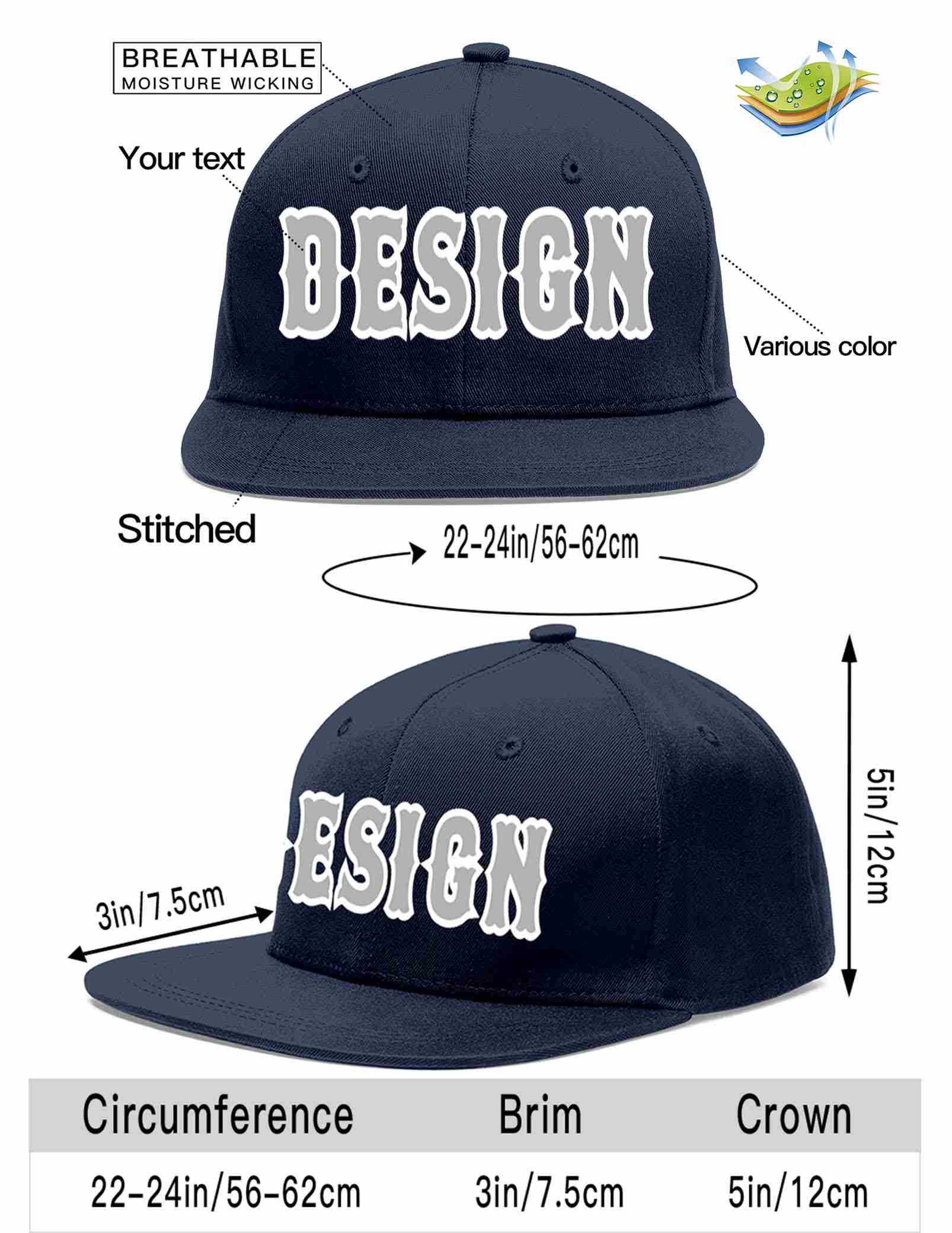 Custom Navy Gray-White Flat Eaves Sport Baseball Cap Design for Men/Women/Youth