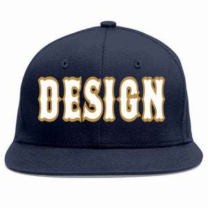 Custom Navy White-Old Gold Flat Eaves Sport Baseball Cap Design for Men/Women/Youth