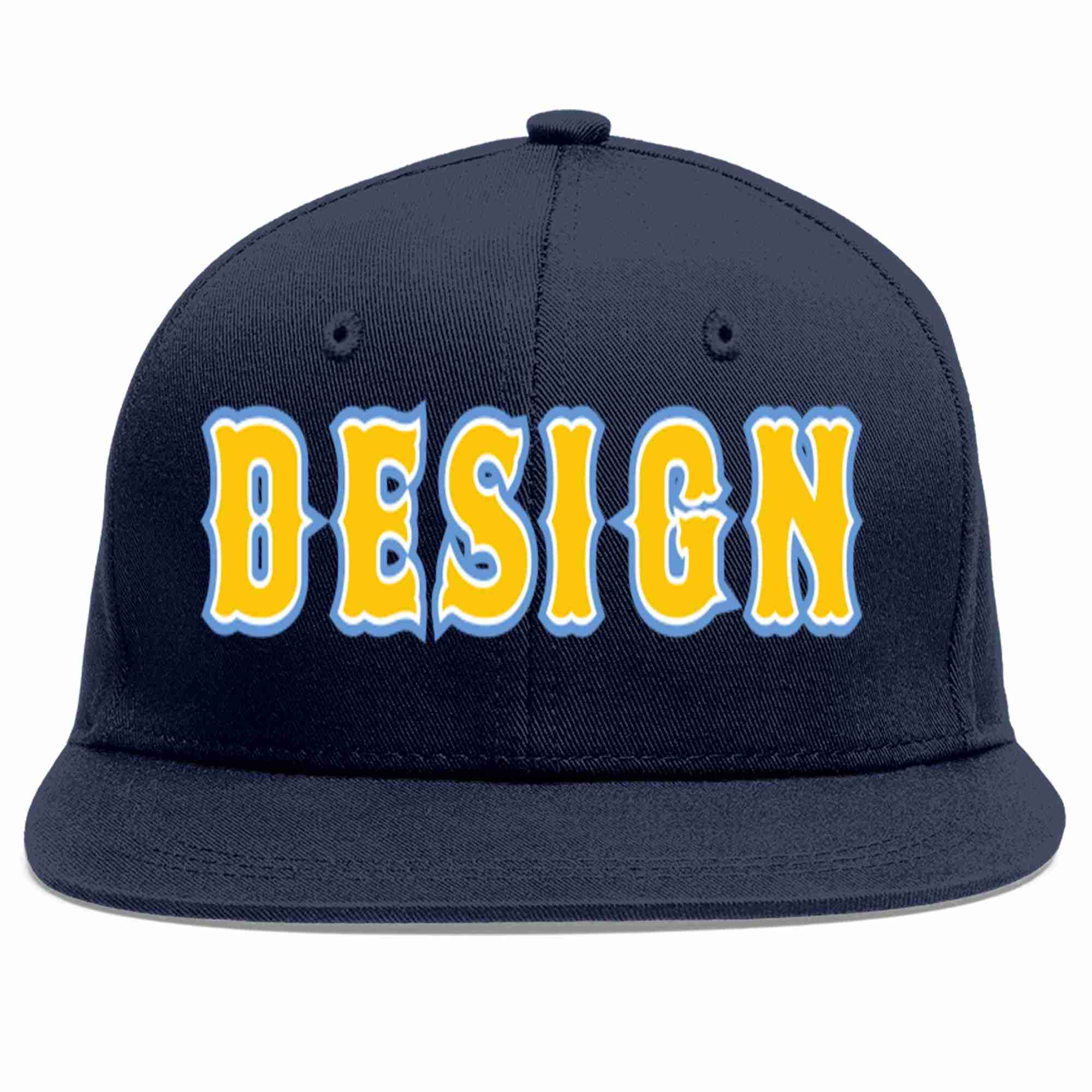 Conception personnalisée de casquette de baseball de sport à avant-toit plat bleu marine or-blanc pour hommes/femmes/jeunes