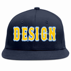 Custom Navy Gold-White Flat Eaves Sport Baseball Cap Design for Men/Women/Youth