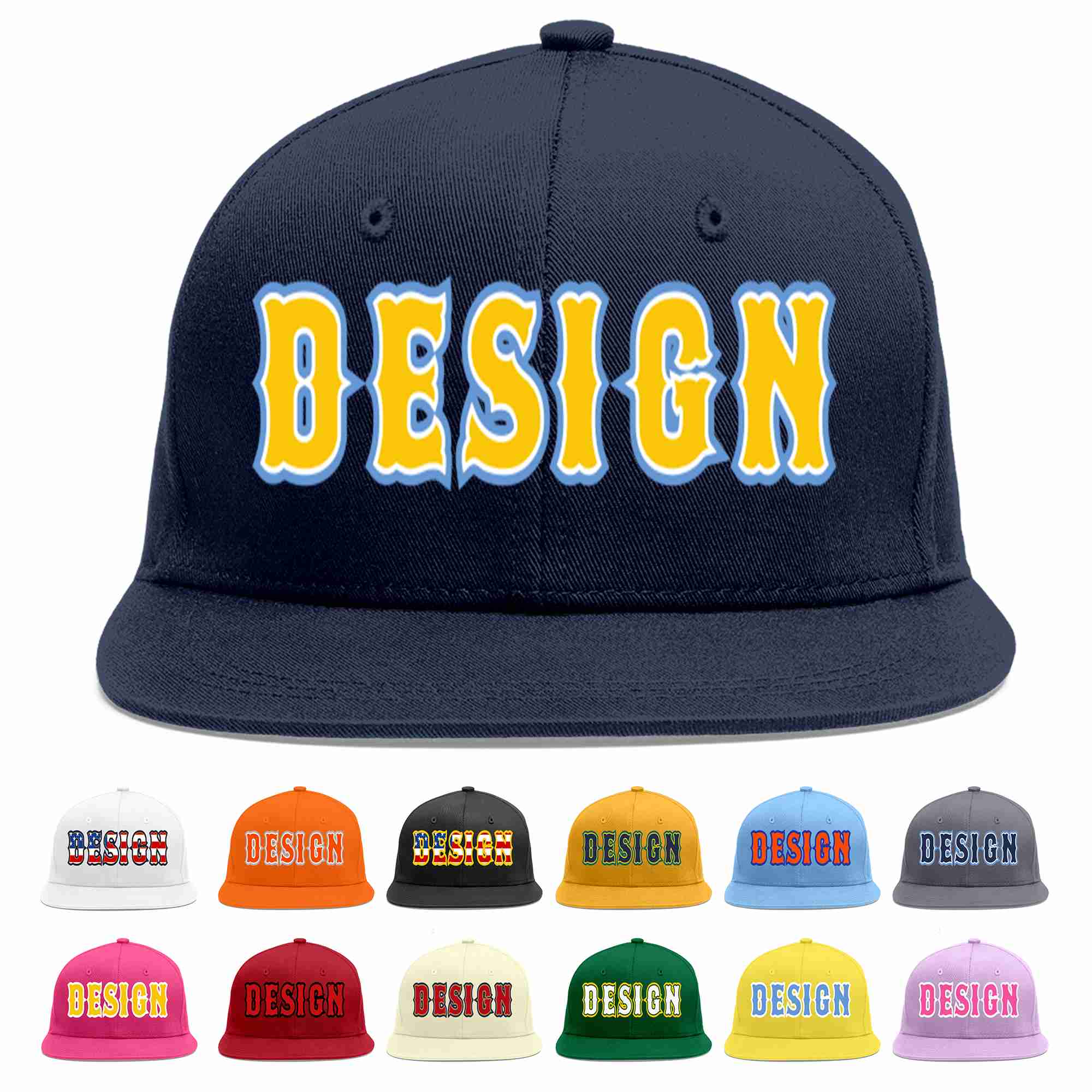 Conception personnalisée de casquette de baseball de sport à avant-toit plat bleu marine or-blanc pour hommes/femmes/jeunes