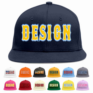 Custom Navy Gold-White Flat Eaves Sport Baseball Cap Design for Men/Women/Youth