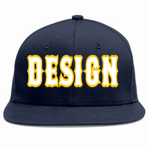 Custom Navy White-Gold Flat Eaves Sport Baseball Cap Design for Men/Women/Youth