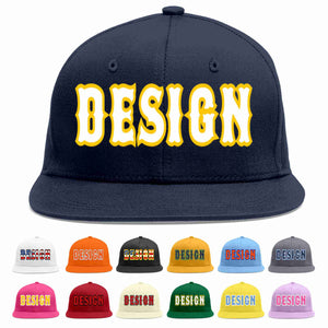 Custom Navy White-Gold Flat Eaves Sport Baseball Cap Design for Men/Women/Youth