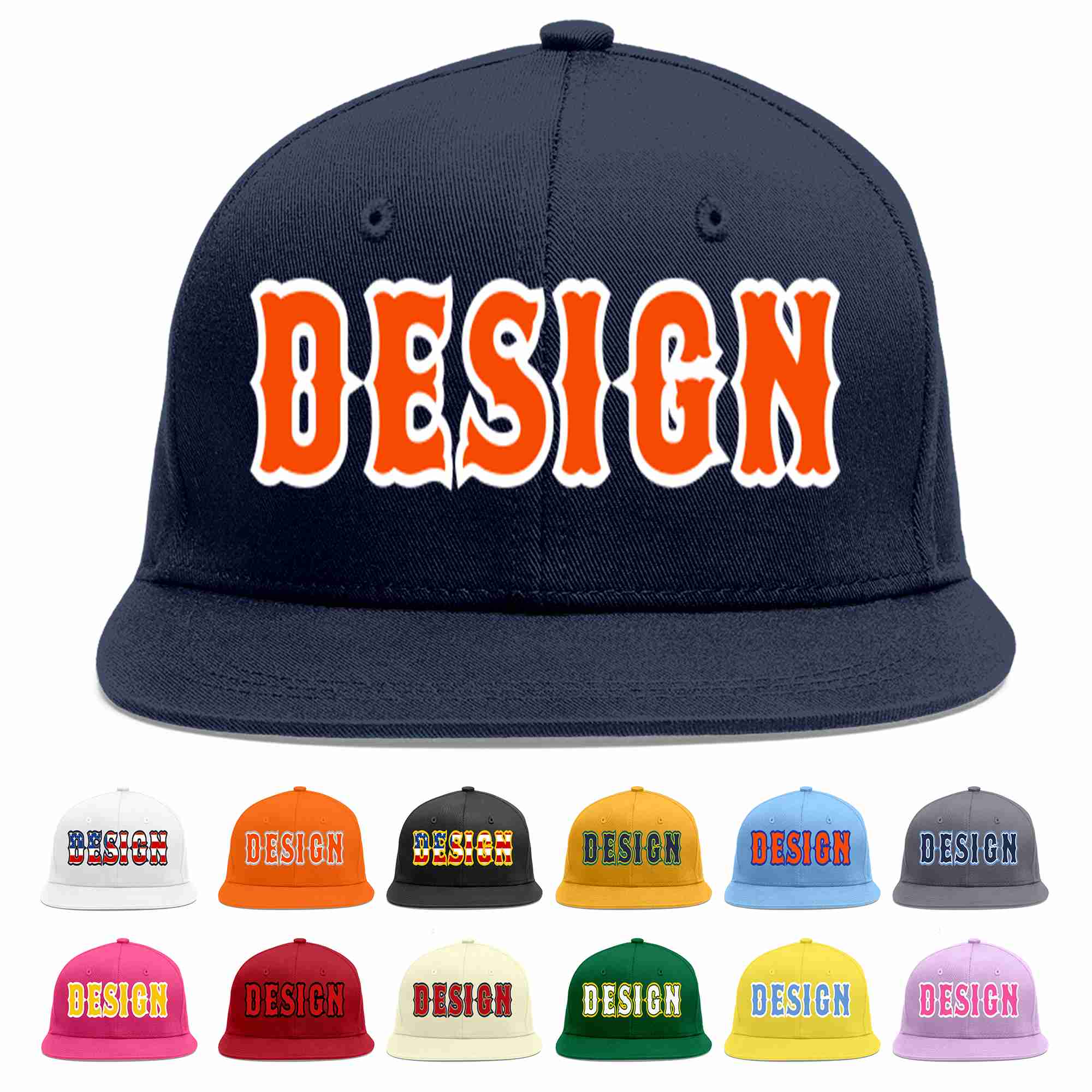 Custom Navy Orange-White Flat Eaves Sport Baseball Cap Design for Men/Women/Youth