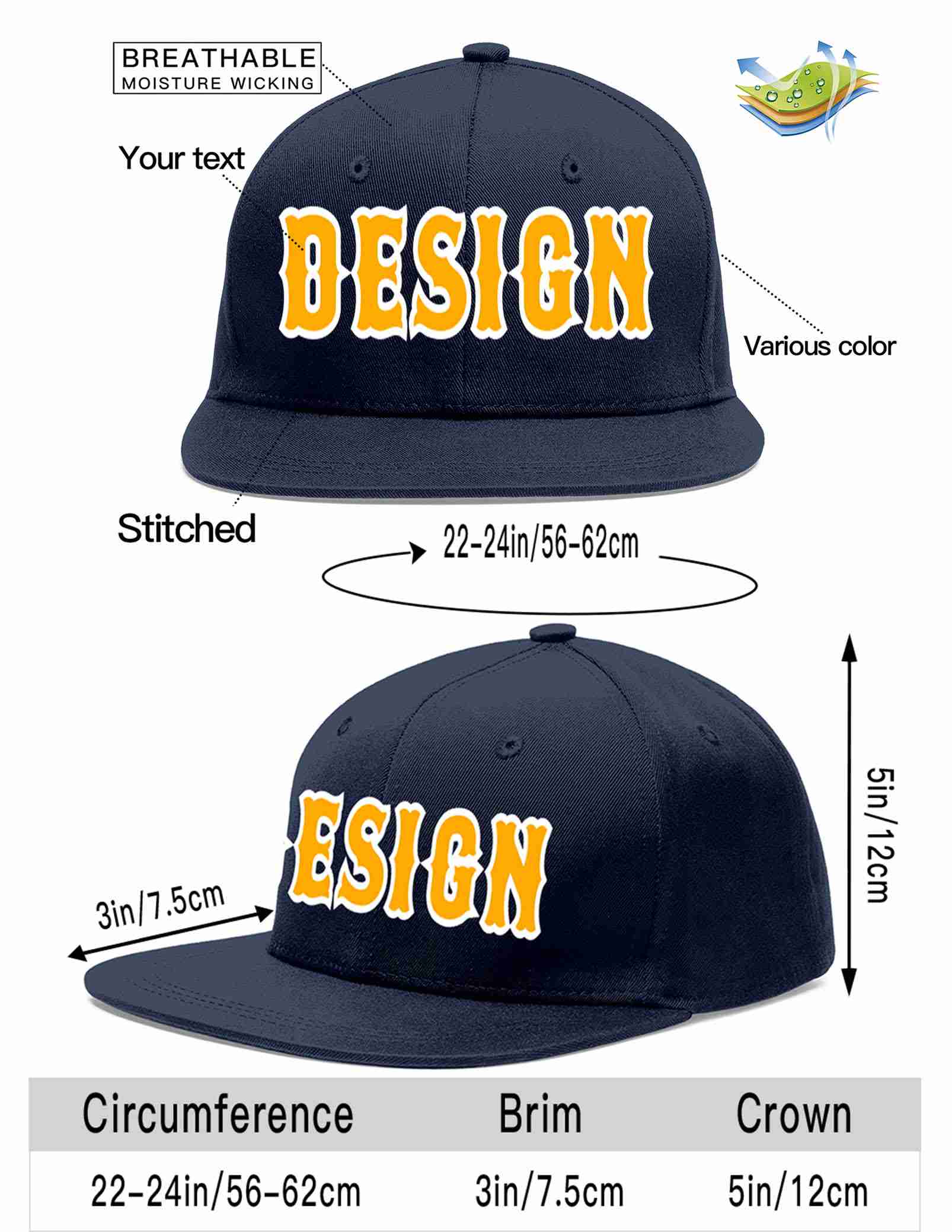 Custom Navy Yellow-White Flat Eaves Sport Baseball Cap Design for Men/Women/Youth