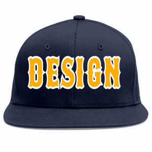 Custom Navy Yellow-White Flat Eaves Sport Baseball Cap Design for Men/Women/Youth