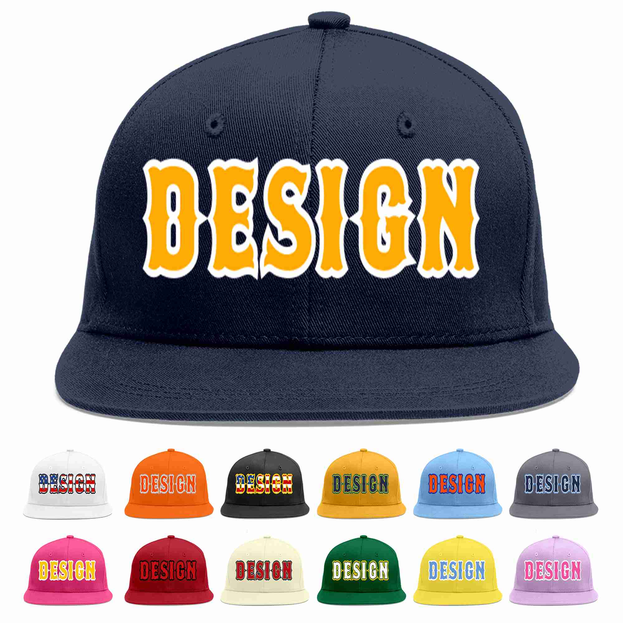 Conception personnalisée de casquette de baseball de sport à avant-toit plat jaune-blanc marine pour hommes/femmes/jeunes