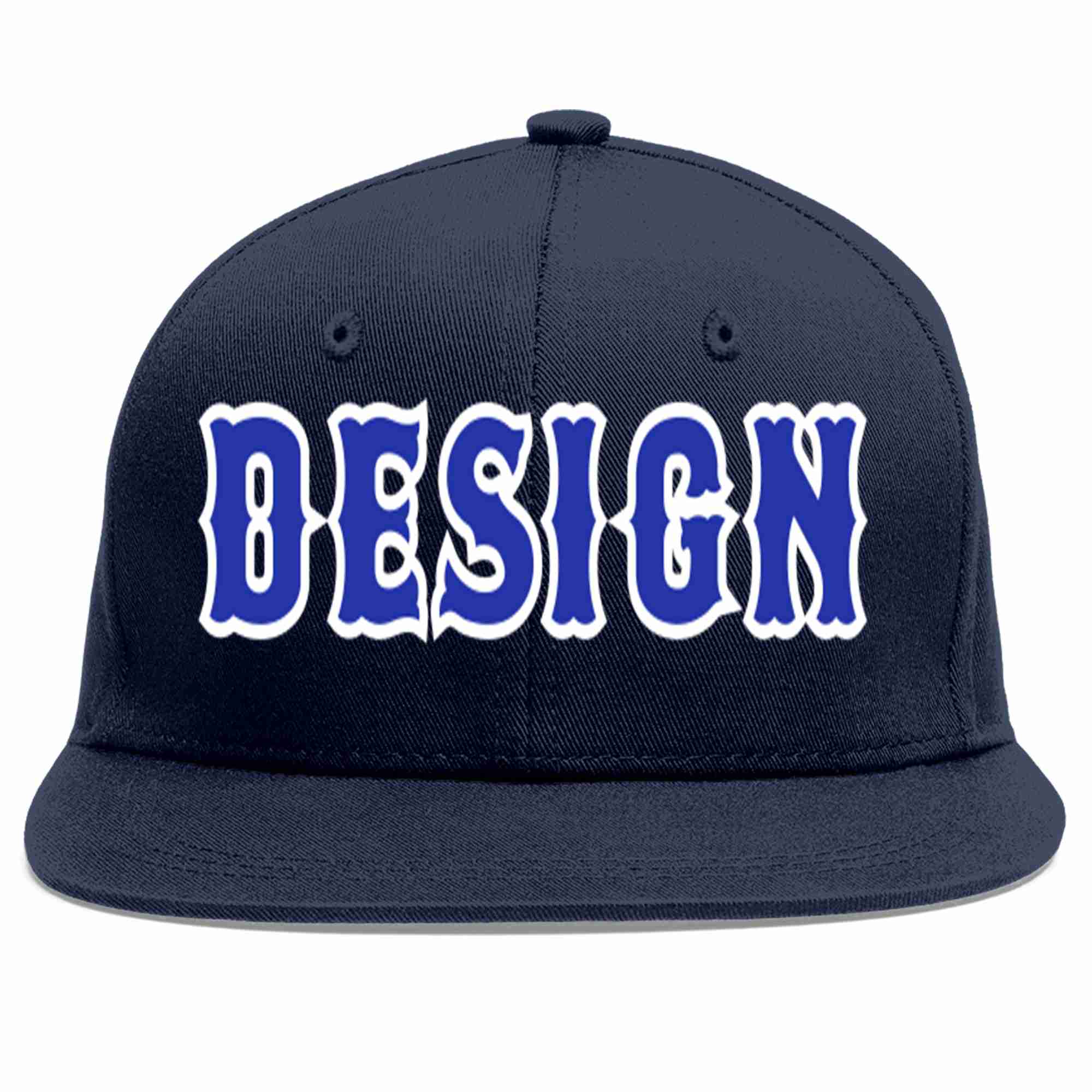 Conception personnalisée de casquette de baseball de sport à avant-toit plat bleu marine royal-blanc pour hommes/femmes/jeunes