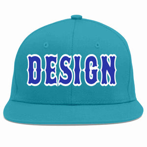 Custom Aqua Royal-White Flat Eaves Sport Baseball Cap Design for Men/Women/Youth