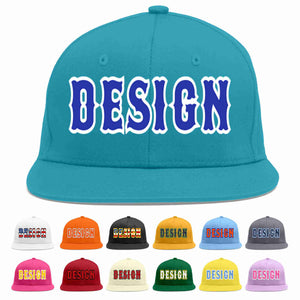 Custom Aqua Royal-White Flat Eaves Sport Baseball Cap Design for Men/Women/Youth