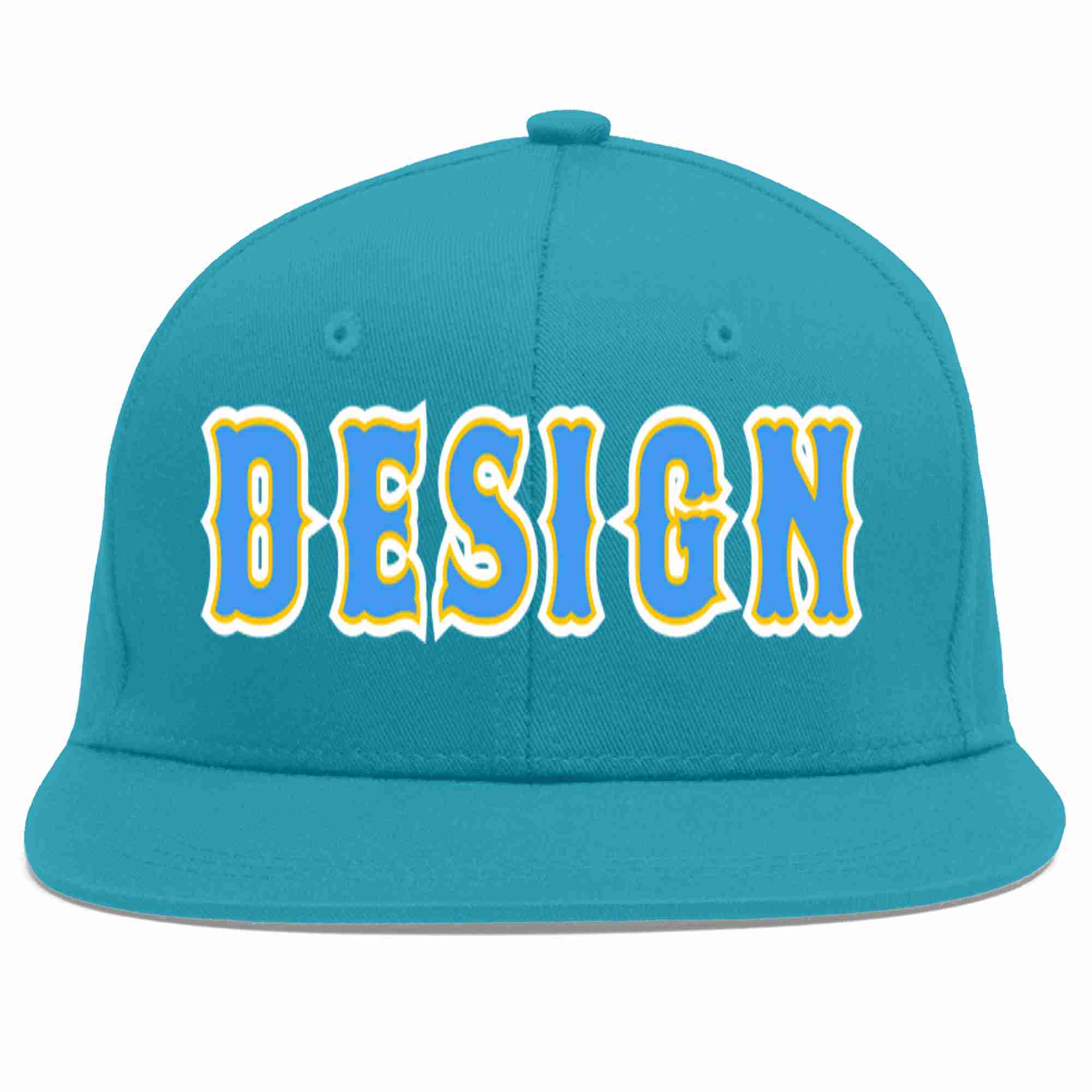 Custom Aqua Powder Blue-Gold Flat Eaves Sport Baseball Cap Design for Men/Women/Youth