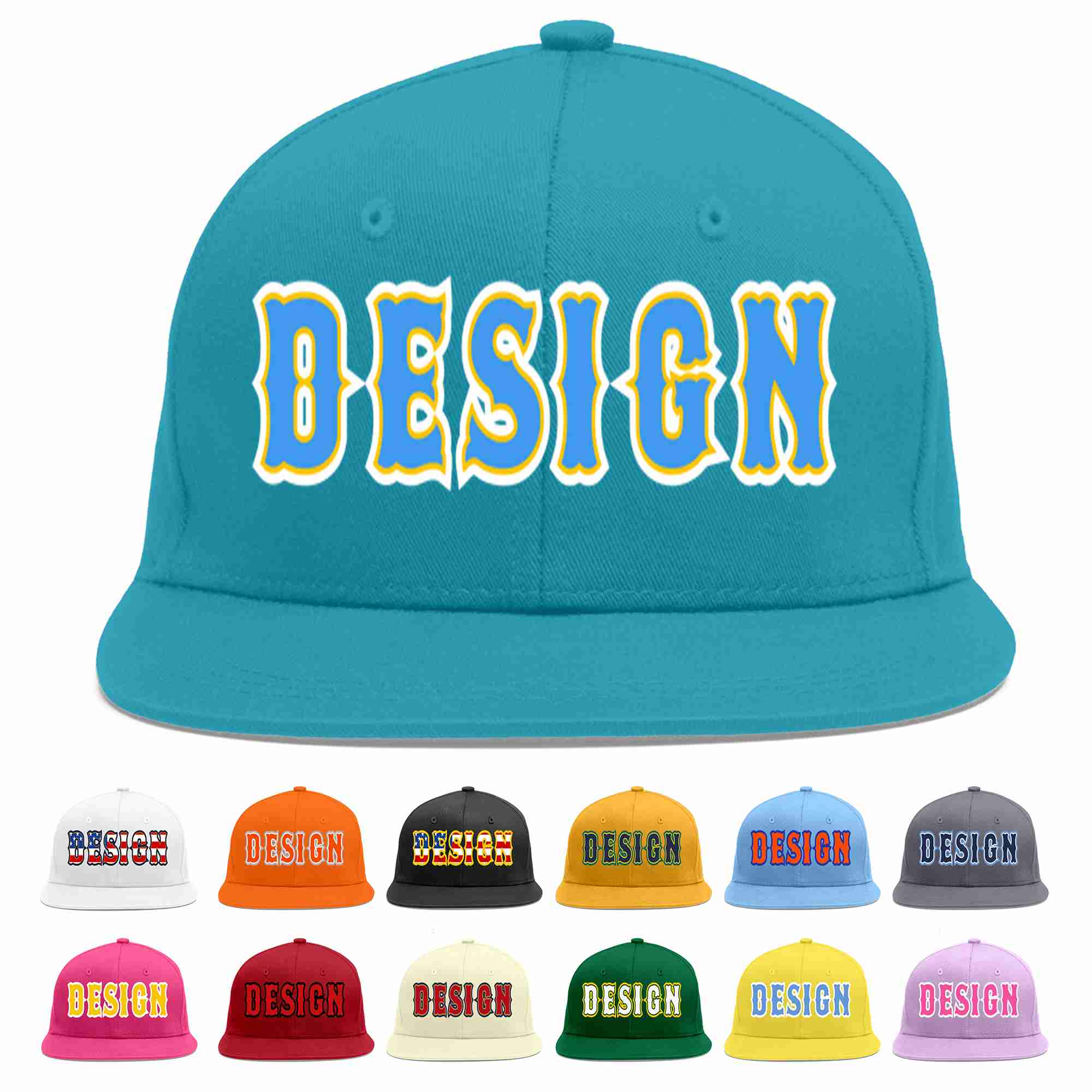 Custom Aqua Powder Blue-Gold Flat Eaves Sport Baseball Cap Design for Men/Women/Youth