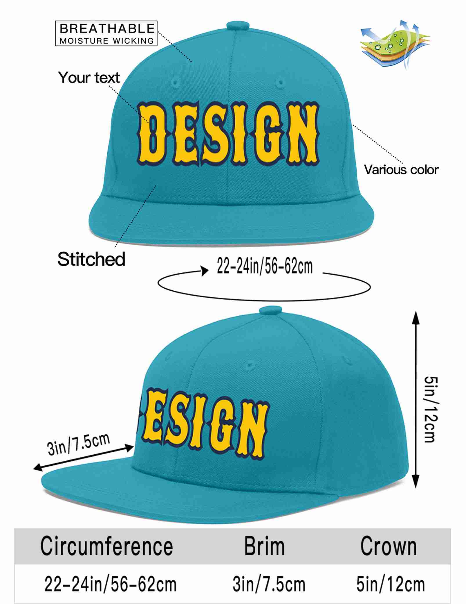 Custom Aqua Gold-Navy Flat Eaves Sport Baseball Cap Design for Men/Women/Youth