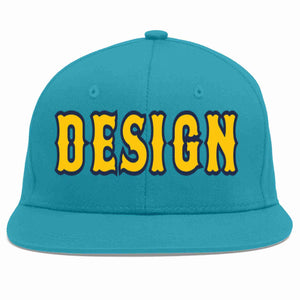 Custom Aqua Gold-Navy Flat Eaves Sport Baseball Cap Design for Men/Women/Youth