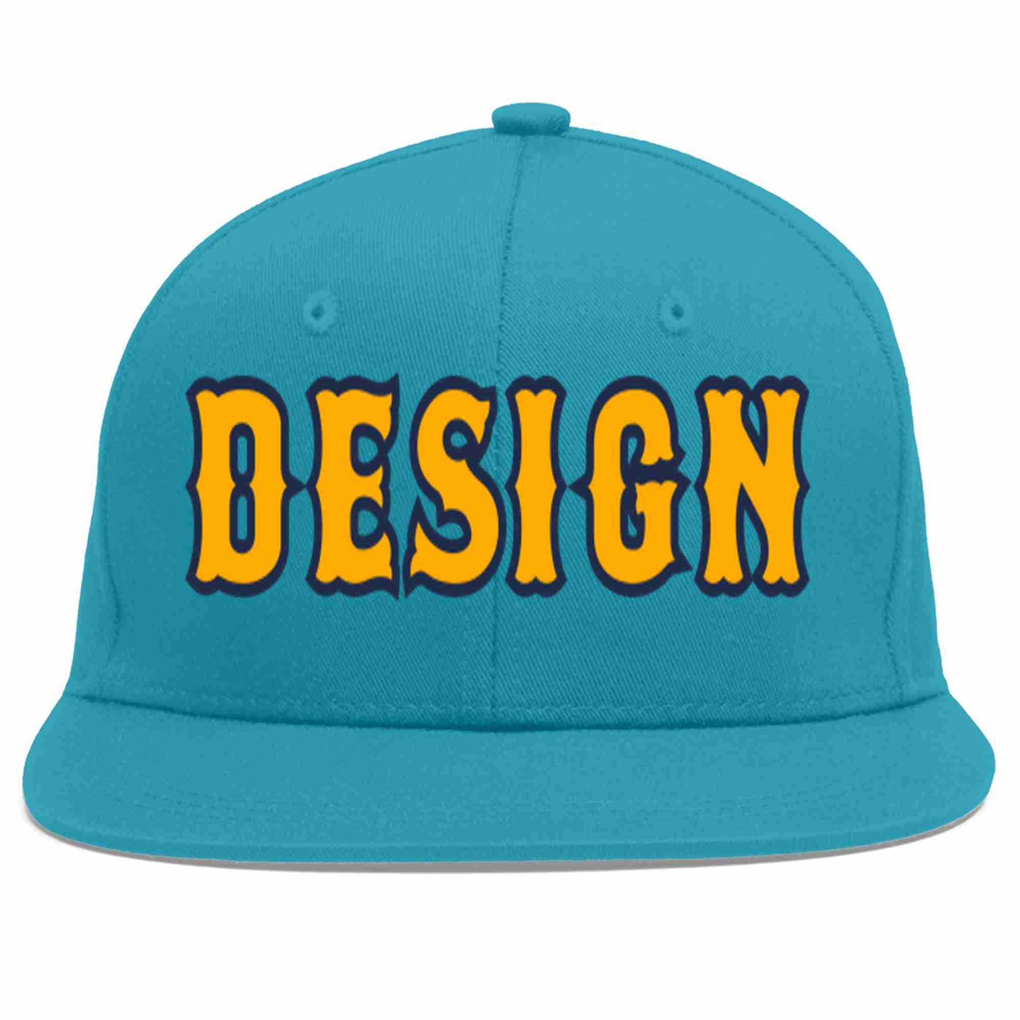 Custom Aqua Yellow-Navy Flat Eaves Sport Baseball Cap Design for Men/Women/Youth