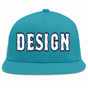 Casquette de baseball personnalisée Aqua White-Navy Flat Eaves Sport pour hommes/femmes/jeunes