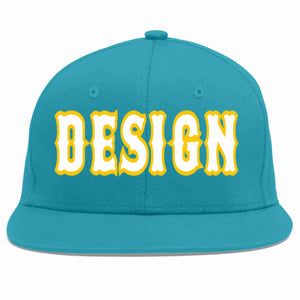 Custom Aqua White-Gold Flat Eaves Sport Baseball Cap Design for Men/Women/Youth