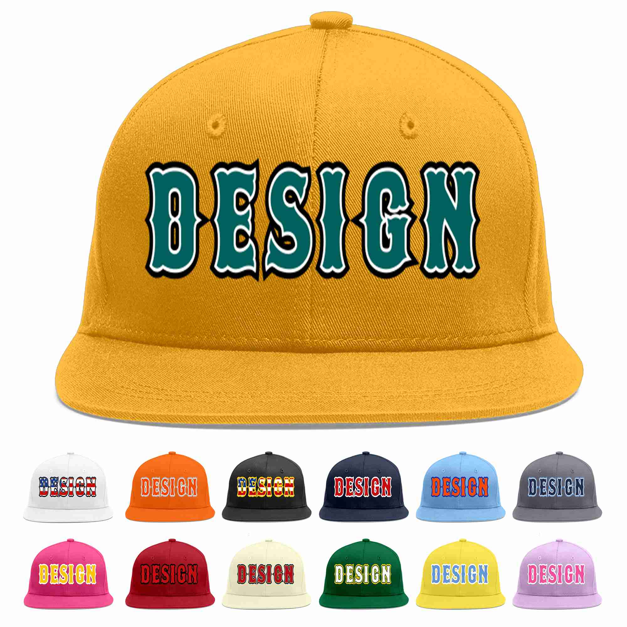 Custom Gold Aqua-White Flat Eaves Sport Baseball Cap Design for Men/Women/Youth