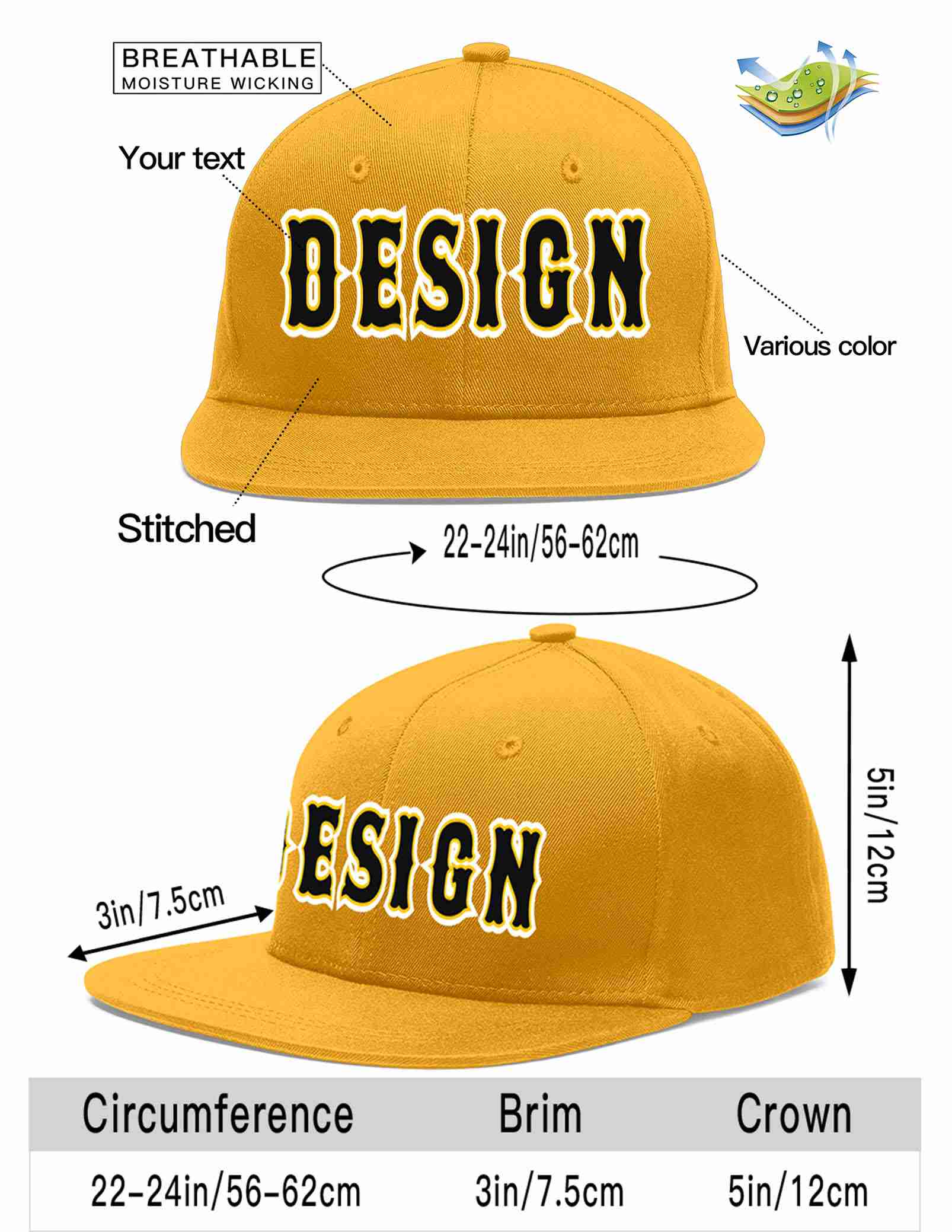 Custom Gold Black-Gold Flat Eaves Sport Baseball Cap Design for Men/Women/Youth