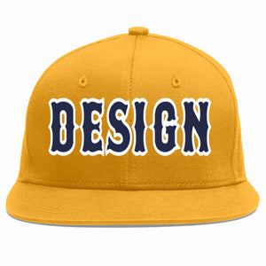 Custom Gold Navy-White Flat Eaves Sport Baseball Cap Design for Men/Women/Youth