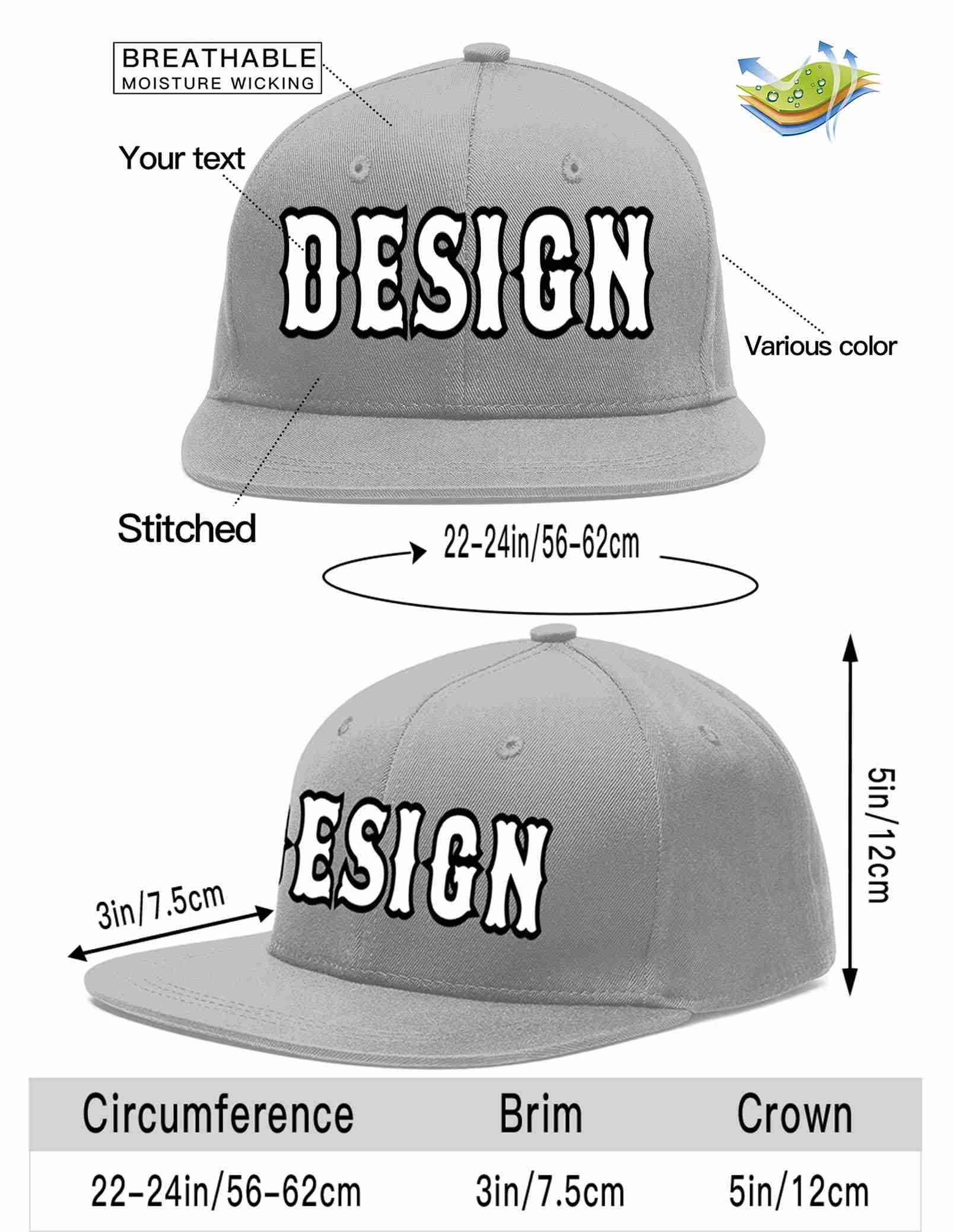 Custom Gray White-Black Flat Eaves Sport Baseball Cap Design for Men/Women/Youth